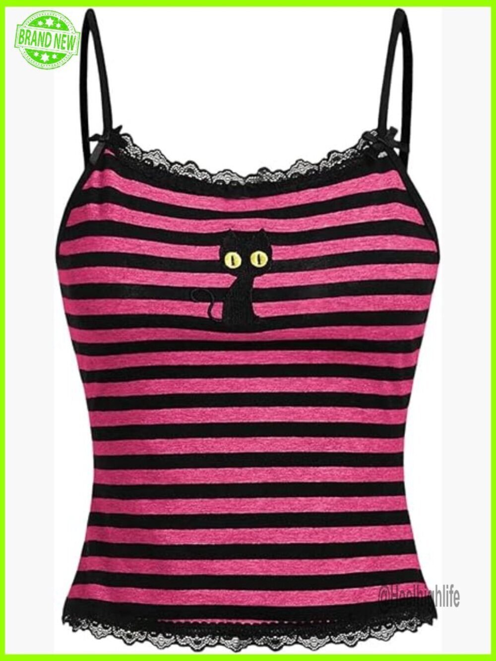 Y2K Lace Striped Cami Crop Top Spaghetti Strap Cat Embroidery